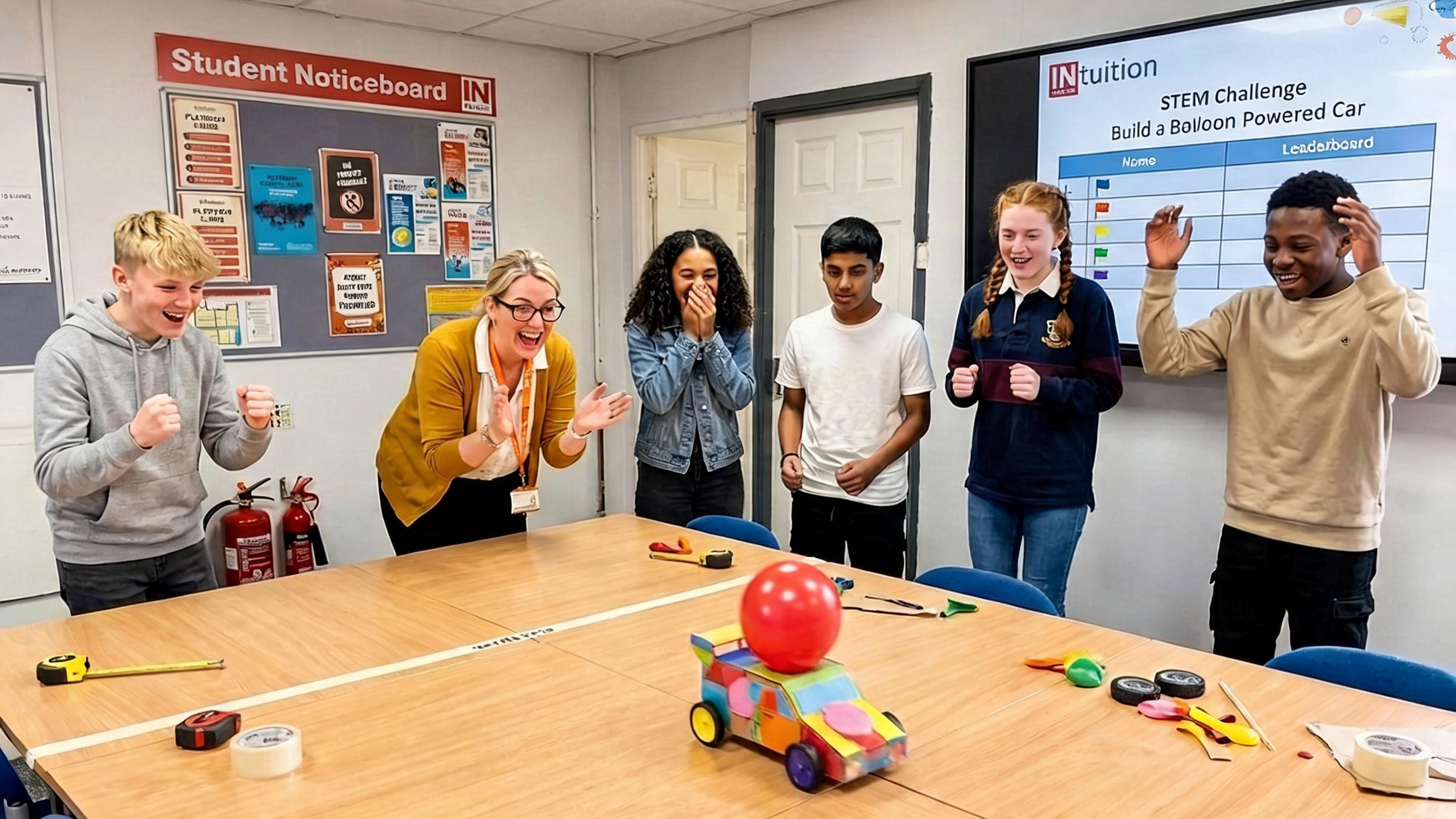 Students and a teacher celebrating a balloon-powered car STEM challenge