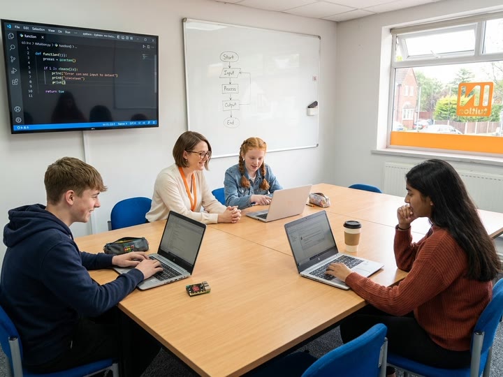 Students learning coding in a small group